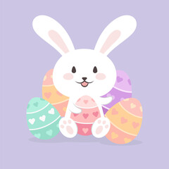 Happy easter rabbit holding painted heart shape pattern eggs illustration.