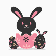 Cool dark black pink color bunny popup from eggshell with decoration flora pattern eggs illustration vector.