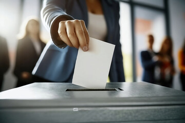 close-up of hand inserting ballot into ballot box. Generative AI