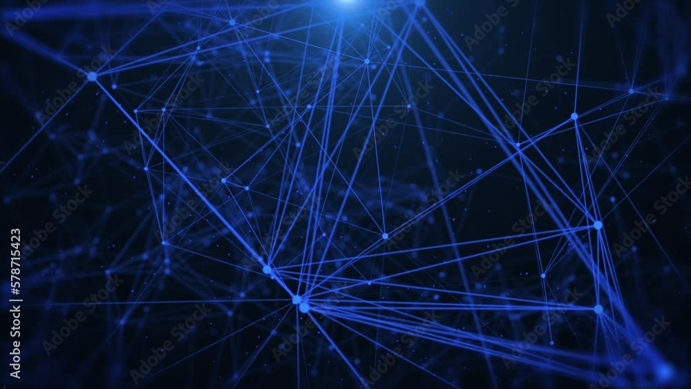 Fototapete Abstract low polygonal blue cyberspace network connection flowing and moving object from left to right side. Plexus structure with horizontal flickering lens flare 4K motion background.