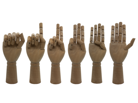 Row of wooden jointed hands denoting the numbers zero through to five