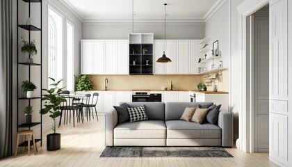 Modern white apartment, living room and kitchen with large window and decoration. AI generative.