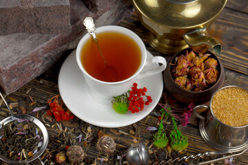 Dry tea leaves in a spoon on an old background
