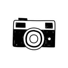 Doodle illustration of a camera isolated on a white background. Camera icon drawn by hand. Vector illustration