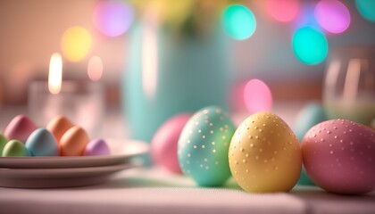Fototapeta na wymiar Easter Eggs in a Festive Table Setting, Shallow Depth of Field, Bokeh, Copy Room - Generative AI