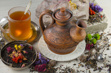 Sweet, hot tea with dessert, on an old background.