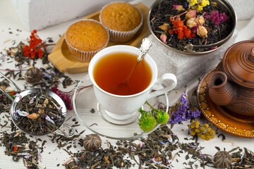 Hot sweet tea in a cup on old background