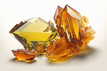 Crystals of amber, in yellow, on a white background. Generative AI