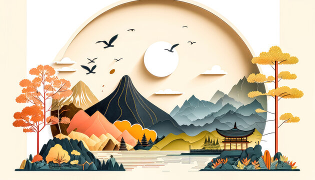 Japanische Landschaft mit Japanischen Details wie See und Berg Abstrakte Illustration 2D Hintergrund Cover  Generative AI Digitale Kunst