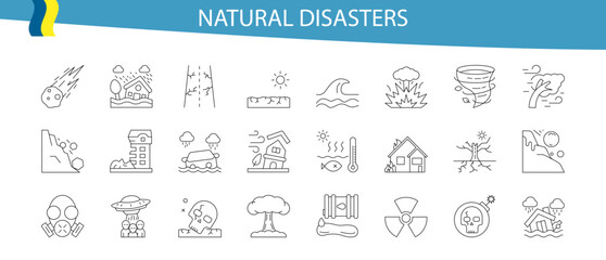 Natural disasters, pollution, related to evacuation, editable stroke icons Vector illustration