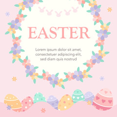 Fototapeta na wymiar Spring season happy easter sweet pastel color greeting banner template with flower frame border, rabbit garland, painted eggs decoration, florals.