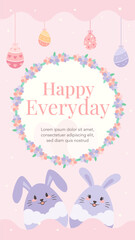 Happy bunny with decorative flower frame border and hanging eggs illustration vertical banner greeting post template.