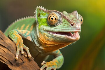 Obraz premium The chamaeleon (chamaeleo calyptratus) is shown here in an up close and cheerful expression. Generative AI