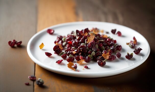  a white plate topped with cranberries and nuts on a wooden table.  generative ai