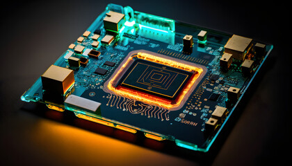 high-tech computer chips on a circuit board close up, providing a glimpse into the inner workings of advanced technology generative ai