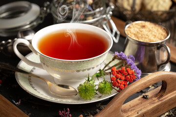 Sweet, hot tea with dry tea leaves, on an old background.