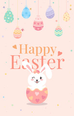 Cute Happy Easter poster banner template design. Easter rabbit, egg, hanging line garland egg, butterfly illustration vector.