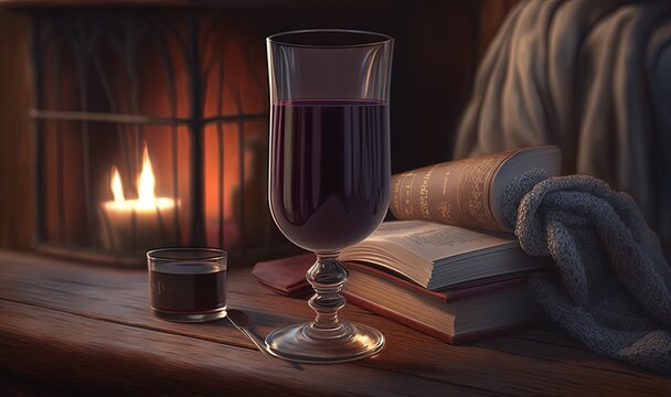  a painting of a glass of wine and a book on a table.  generative ai