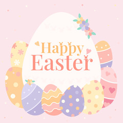 Happy Easter Eggs greeting card illustration. Huge egg surround by small eggs with flowers decoration. Vector.
