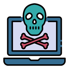 Blue Death Screen Concept, Computer Virus Vector Icon Design, Cloud computing and Internet hosting services Symbol, Hacking Attempt sign, Cross Bone Skull with laptop stock illustration