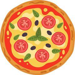 Tasty pizza with tomato and basil flat illustration
