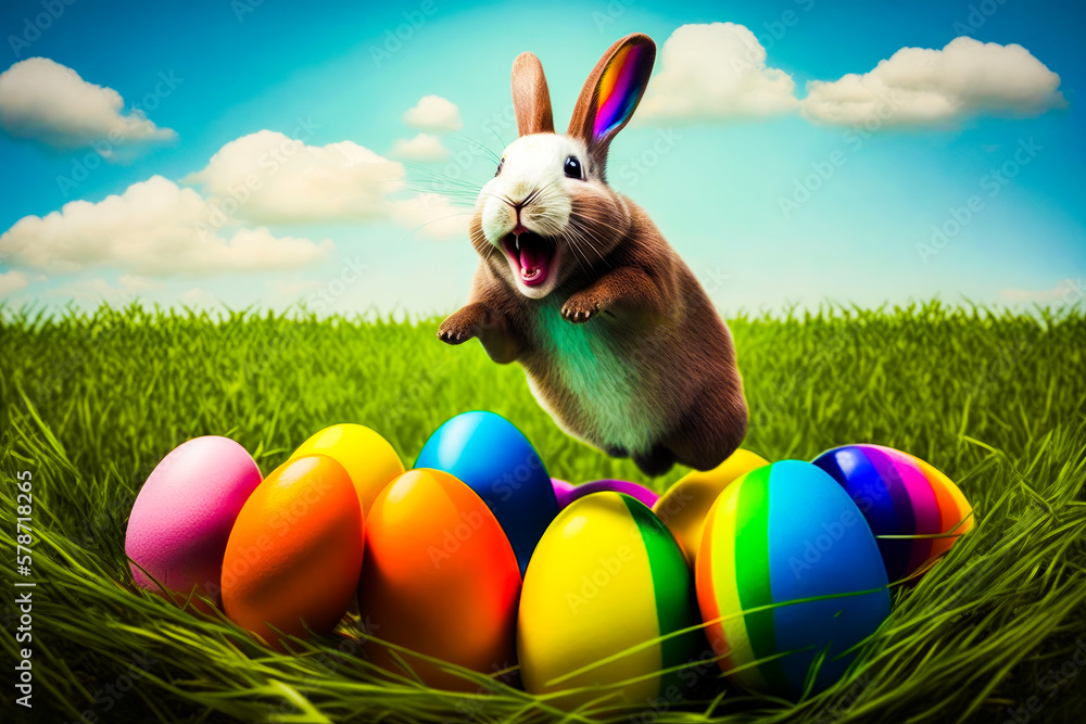 Poster rabbit jumping out of an egg in the grass. generative ai.