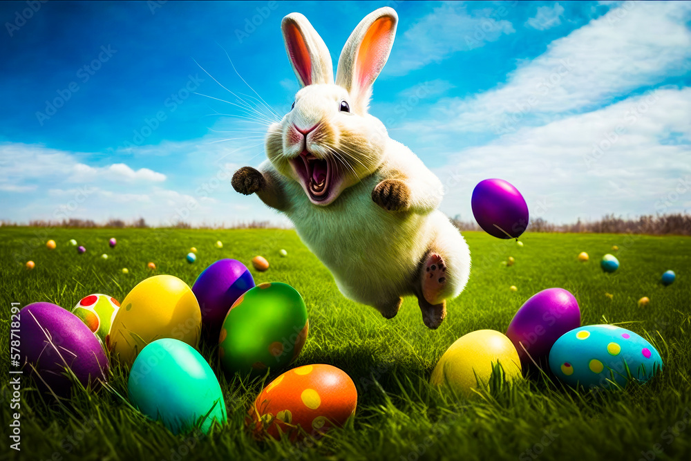 Aufkleber rabbit is jumping in the air over field of eggs. generative ai.