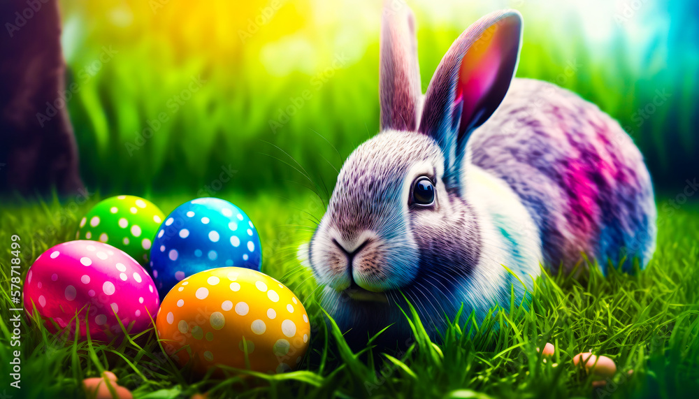 Poster Rabbit sitting in the grass next to some colorful eggs. Generative AI.