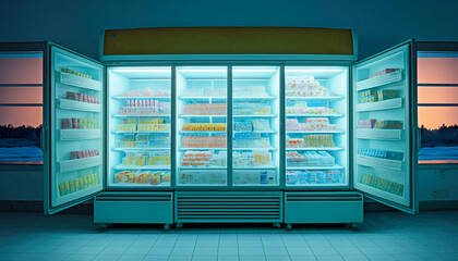 Inside view of a large supermarket cooler, Generative AI