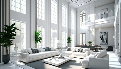 Fototapeta na wymiar A Large White Modern Home Living Room with Large Windows, Generative AI
