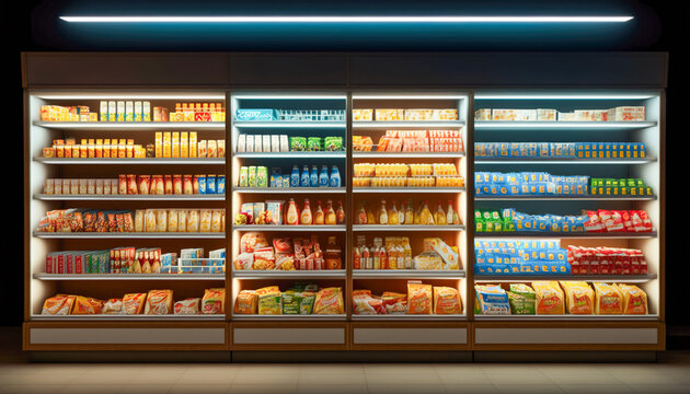 Cold and Ready, The Well Stocked Front View of a Supermarket Refrigerator, Generative AI