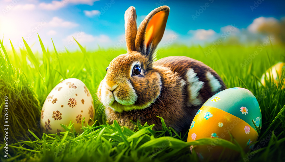 Poster Rabbit sitting in the grass next to some eggs. Generative AI.