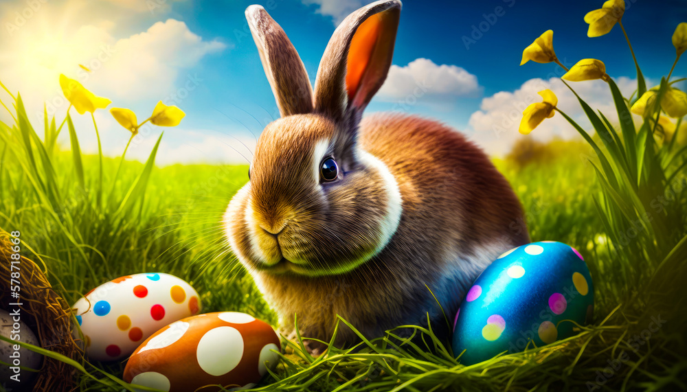 Poster rabbit sitting in the grass next to some eggs. generative ai.