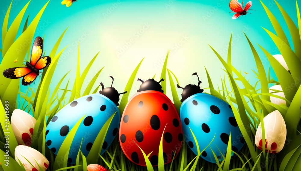 Aufkleber group of ladybugs in the grass with butterflies. generative ai.