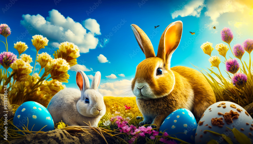 Poster couple of rabbits sitting next to each other in field. generative ai.