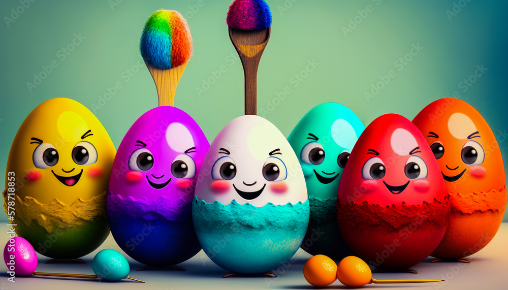 Poster group of colorful eggs with faces painted on them. generative ai.