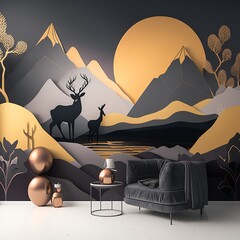 Fototapeta premium illustration mural wallpaper. gray landscape mountains with golden deers and golden waves illustration with sun and clouds interior reindeer stairs moon room silver Generative AI 