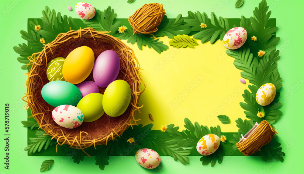 Poster green and yellow background with eggs in nest. generative ai.