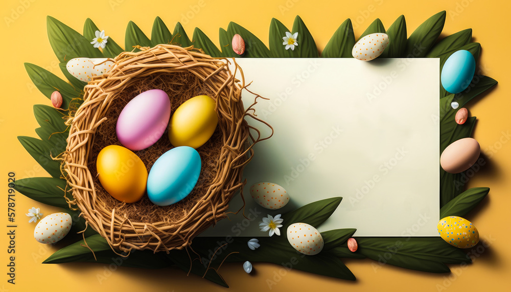 Poster bird's nest with eggs and leaves around it. generative ai.