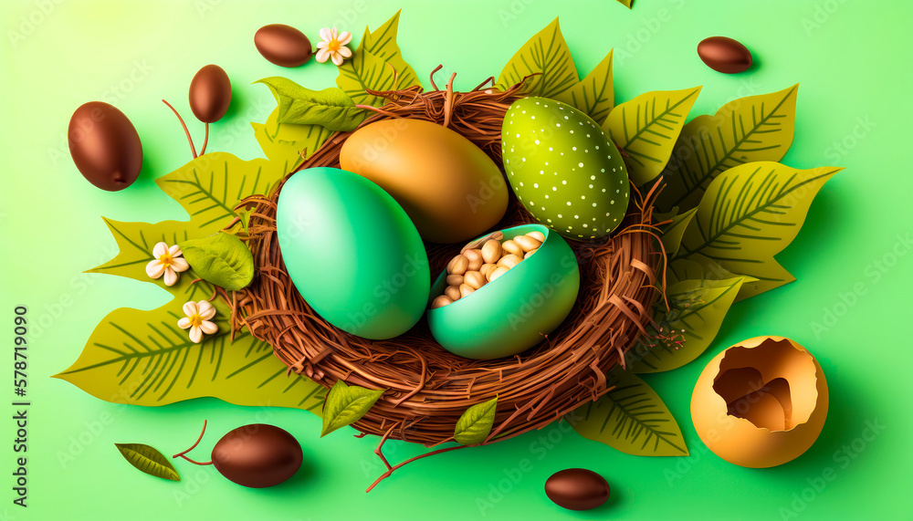 Poster nest with eggs and leaves on green background. generative ai.