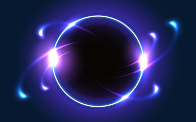 Glowing round frame on dark fantastic background. Abstract neon space portal into another dimension.