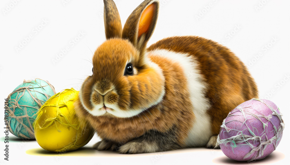 Poster rabbit sitting next to some colorful eggs. generative ai.
