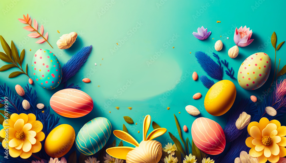 Poster an image of colorful background with eggs and flowers. generative ai.