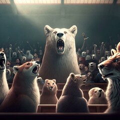 animals are cheering on a match in the auditorium they protest meeting  wonder with their mouths hanging open riot rebel movie theater lion bear bunny raised hands no protected species Generative AI