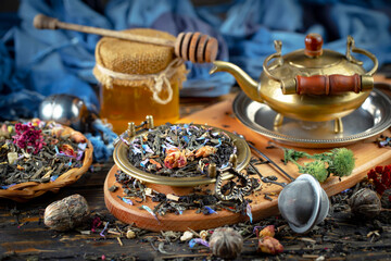 Dried tea leaves in a spoon, on an old background.