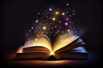 Open book with flying out glowing fantasy stars in night. Generative ai