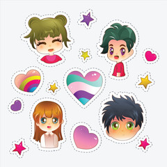 Set of Cute Girls And Boys Character With Heart Shapes, Stars In Sticker Style.