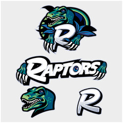 Fototapeta premium Raptors Logo Set with Jungle Raptors, Claw, and 'R' Logo Type
