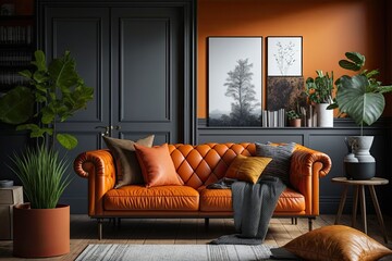 Orange leather sofa in a minimally decorated, two toned room in the Nordic style. Generative AI