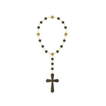 Brown wooden rosary necklace cross religion isolated on white background. Christian cross. Vector stock